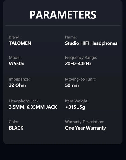 TALOMEN W550x Studio Headphones – Professional Wired Over-Ear DJ Monitor Headphones with 50mm Drivers & Detachable Cable