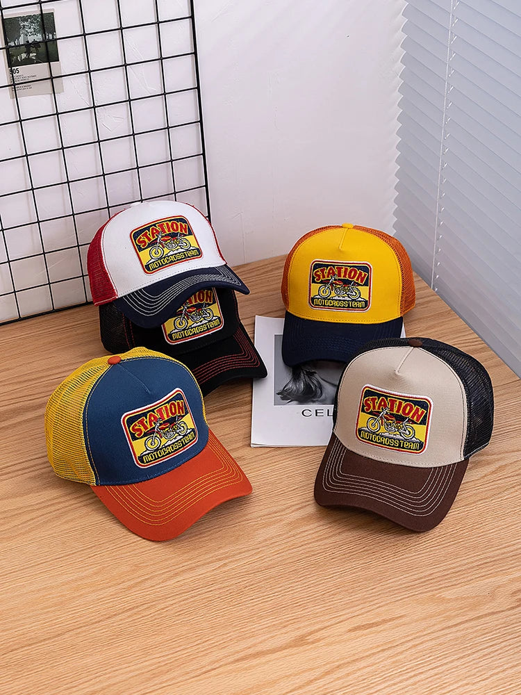 Hot Sale Unisex Mesh Trucker Hat Classic Motorcycle Pattern Breathable Summer Baseball Cap Streetwear Cap for Men Women