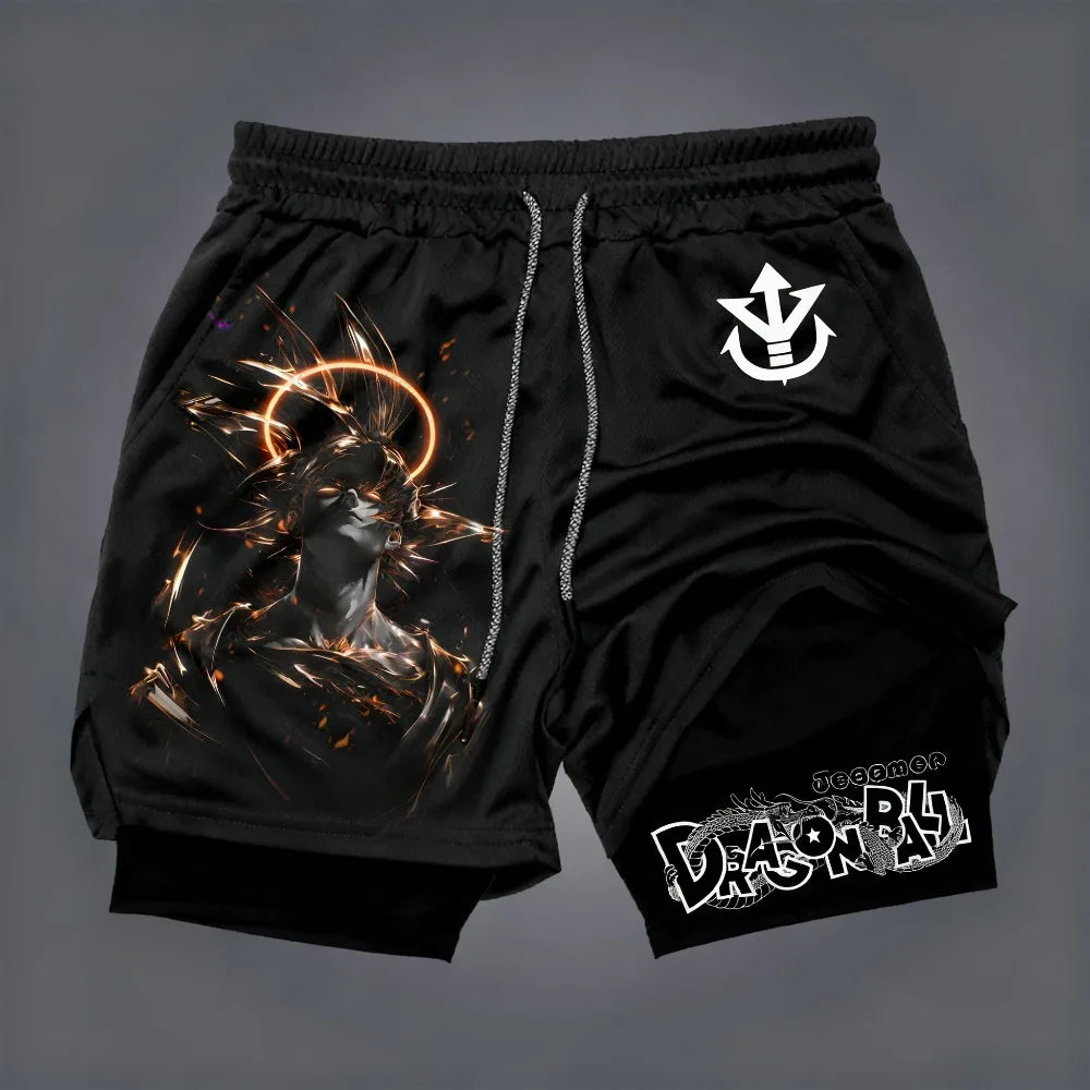 Dragon Ball Men's Double-layer Shorts Son Goku Summer Japanese Anime Fake Two-piece Sports Fitness Quick-drying Shorts, produit gaming premium Fraquane