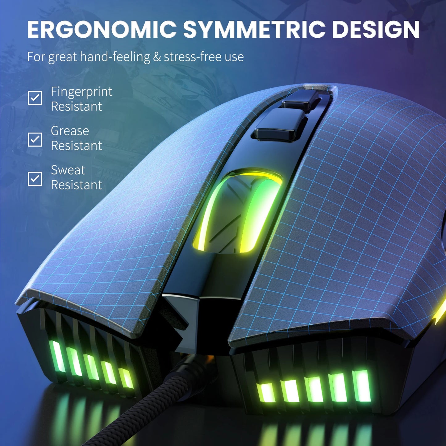 ONIKUMA káblová herná myš, 6 nastaviteľných úrovní, 6400 DPI, 7 programovateľných tlačidiel, 7 režimov RGB osvetlenia, ergonomická myš pre PC hráčov