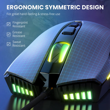 ONIKUMA káblová herná myš, 6 nastaviteľných úrovní, 6400 DPI, 7 programovateľných tlačidiel, 7 režimov RGB osvetlenia, ergonomická myš pre PC hráčov