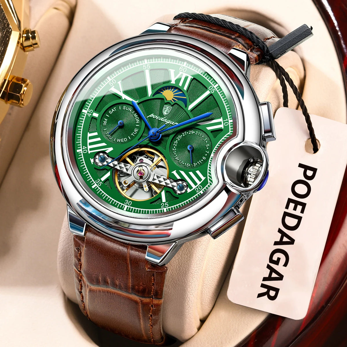 POEDAGAR herenhorloge, luxe en professionele stijl, met datum- en dagweergave, tourbillon, roestvrijstalen kast, automatisch mechanisch uurwerk en waterdicht.