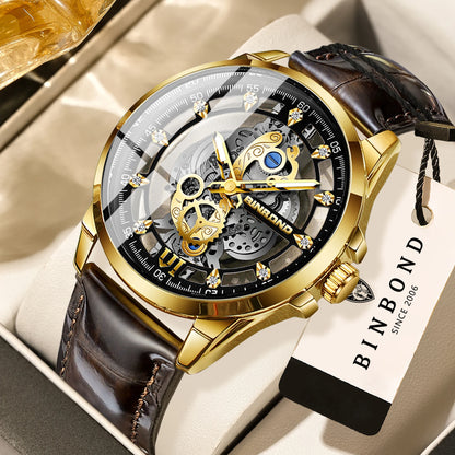 Montre-bracelet à quartz vintage ajourée BINBOND pour homme, lumineuse, étanche, précise et durable, style décontracté.