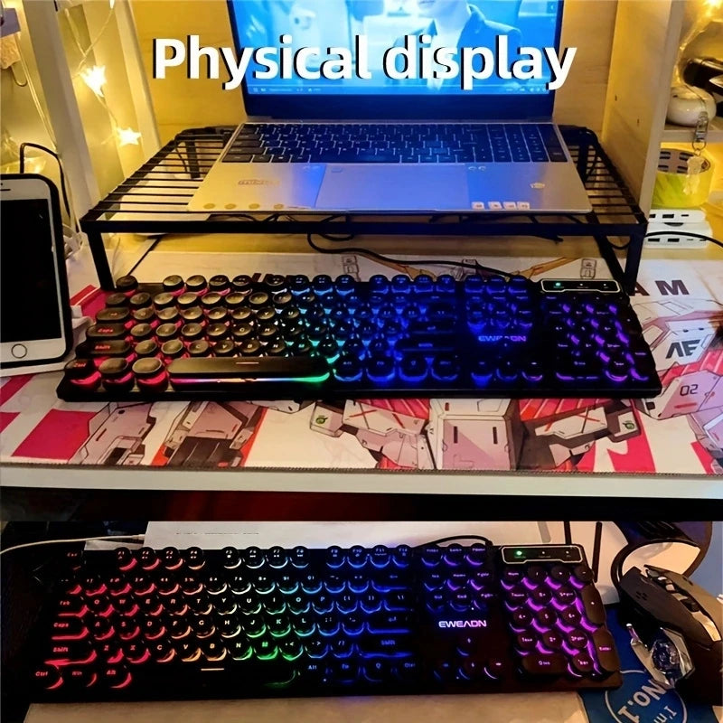 EWEADN GX330 Typewriter Gaming Keyboard 104 Keys Wired Retro Keyboard with RGB Backlit, Round Keycaps, USB Mechanical Style Keyboard for PC & Laptop