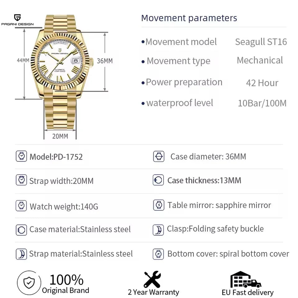 PAGANI DESIGN Luxury Men Watch Sapphire mirror Luminous Stainless Steel Watch Week Date Mechanical Waterproof ST16 Man watch