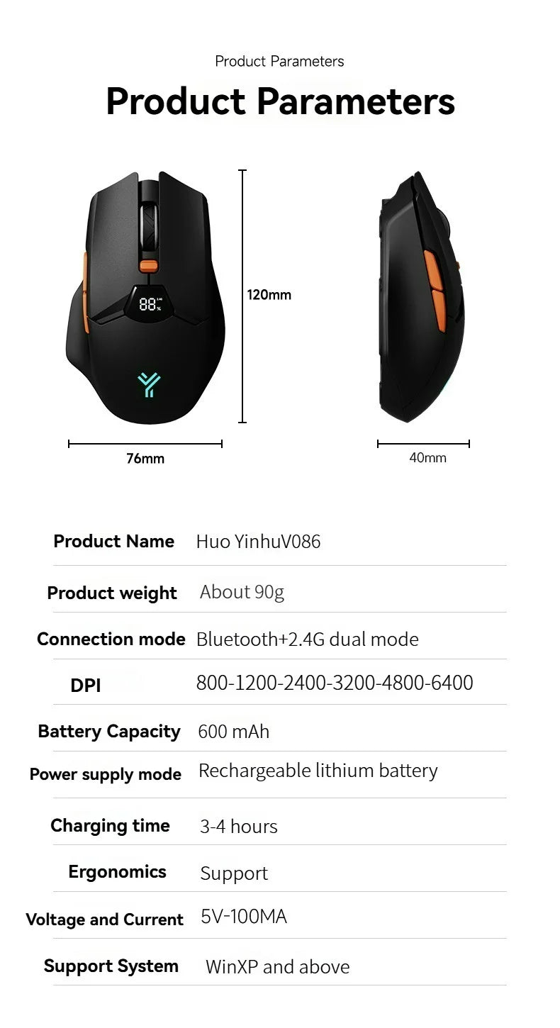 Wireless Bluetooth Mouse with Smart Screen Display, Dual Mode Bluetooth 5.1 & 2.4G Rechargeable Silent Mouse, 6400 DPI Ergonomic Office Mouse for Laptop, Tablet & Notebook