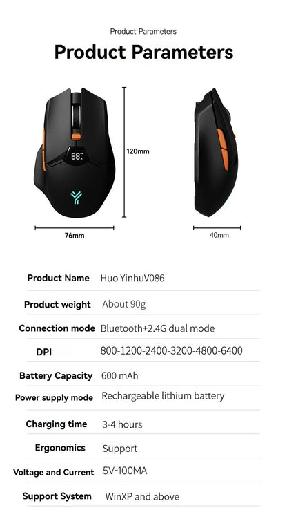 Wireless Bluetooth Mouse with Smart Screen Display, Dual Mode Bluetooth 5.1 & 2.4G Rechargeable Silent Mouse, 6400 DPI Ergonomic Office Mouse for Laptop, Tablet & Notebook