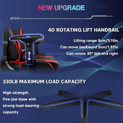 Cadeira Gaming de Massagem com Colunas e Luzes LED RGB, Cadeira Gaming Ergonómica para Computador com Apoio Lombar, Giratória e Ajustável