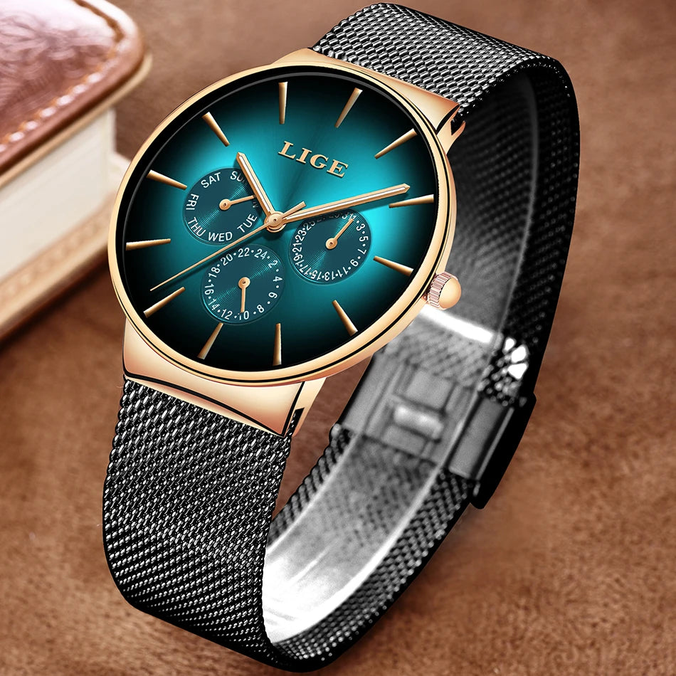 Montre pour femme LIGE, élégante et tendance – Style sport-décontracté, bracelet en maille, mouvement à quartz, affichage de la date et du jour, étanche.