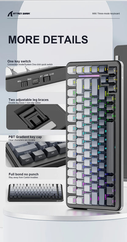 ATTACK SHARK M86 Wireless Mechanical Keyboard 75% Tri-Mode RGB Hot-Swappable Mechanical Keyboard with Side-Printed PBT Keycaps & 4000mAh Battery