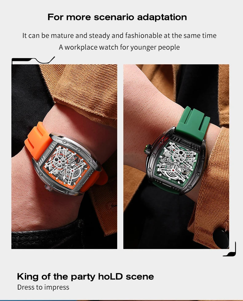 2026 Men's Automatic Mechanical Watch with Stainless Steel Case Silicone Band Skeleton Dial Waterproof Sport Wristwatch