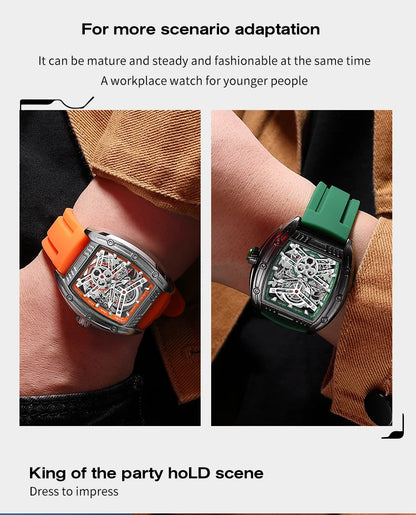 2026 Men's Automatic Mechanical Watch with Stainless Steel Case Silicone Band Skeleton Dial Waterproof Sport Wristwatch