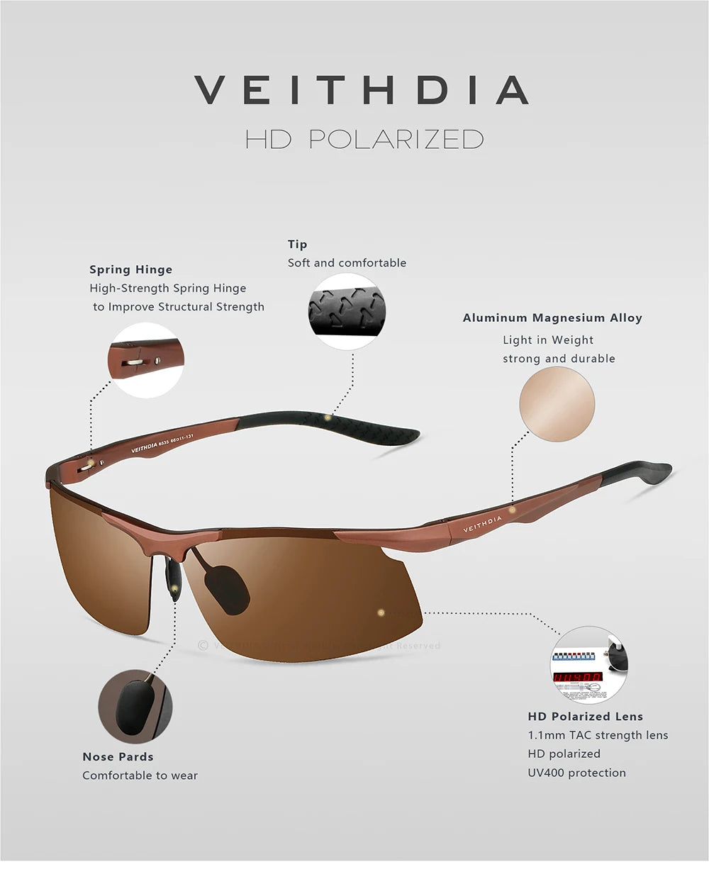 VEITHDIA Men's Sunglasse Outdoor Polarized UV400 Lens Rectangle Rimless Driving Fishing Sun Glasses Sports Eyewear For Male 6535