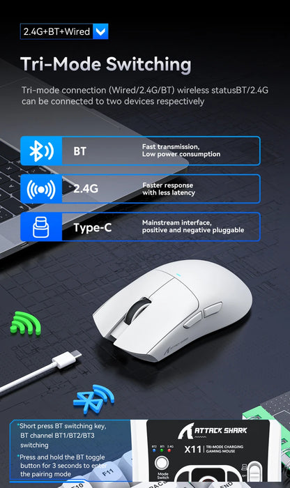 ATTACK SHARK X11 Tri-Mode Wireless Gaming Mouse 22000DPI PAW3311 Sensor Lightweight RGB Mouse with Fast Charging for PC Gaming