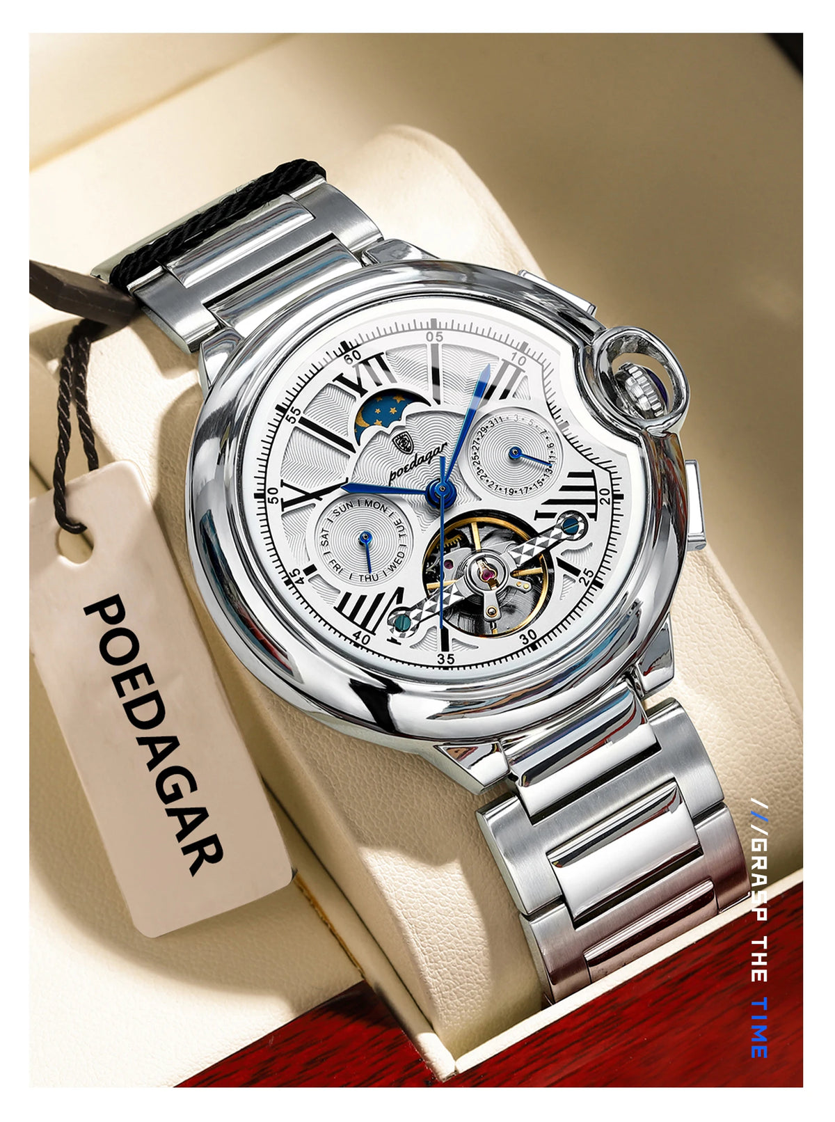 POEDAGAR herenhorloge, luxe en professionele stijl, met datum- en dagweergave, tourbillon, roestvrijstalen kast, automatisch mechanisch uurwerk en waterdicht.