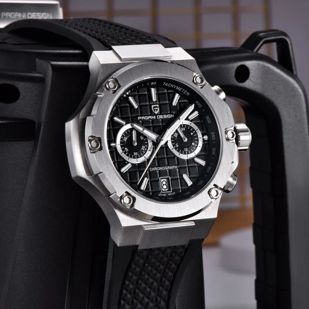 PAGANI DESIGN PD-YS032 Men's Quartz Watch 44mm Japan VK64 Movt Stainless Steel Case Rubber Strap Sapphire Glass 100M Waterproof