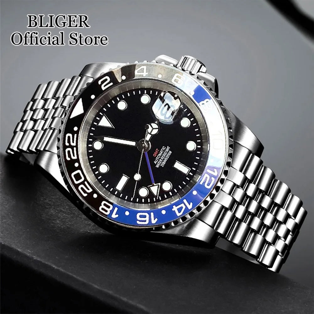 NH34A 200M Waterproof 40mm NH34 GMT Sapphire Luminous Automatic Movement Diving Watch Men Steel Bracelet Black Grey Insert