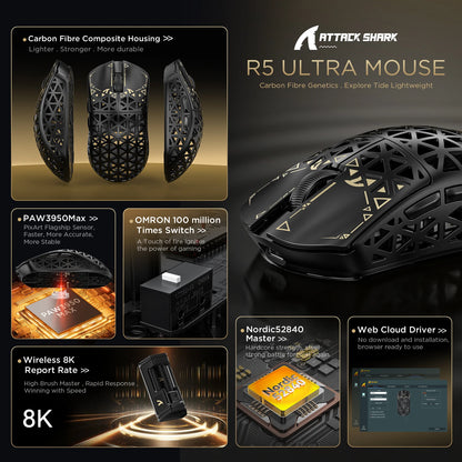 ATTACK SHARK R5 Ultra Carbon Fiber Wireless Gaming Mouse, 42g Lightweight Gaming Mouse, PAW3950MAX Sensor, 42000 DPI, 8000Hz, Tri-Mode Connectivity