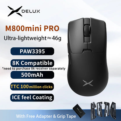 Delux M800mini Wireless Gaming Mouse 46g Lightweight PAW3395 Sensor 26000 DPI, 1000Hz Polling Rate Gaming Mouse for PC Gamer