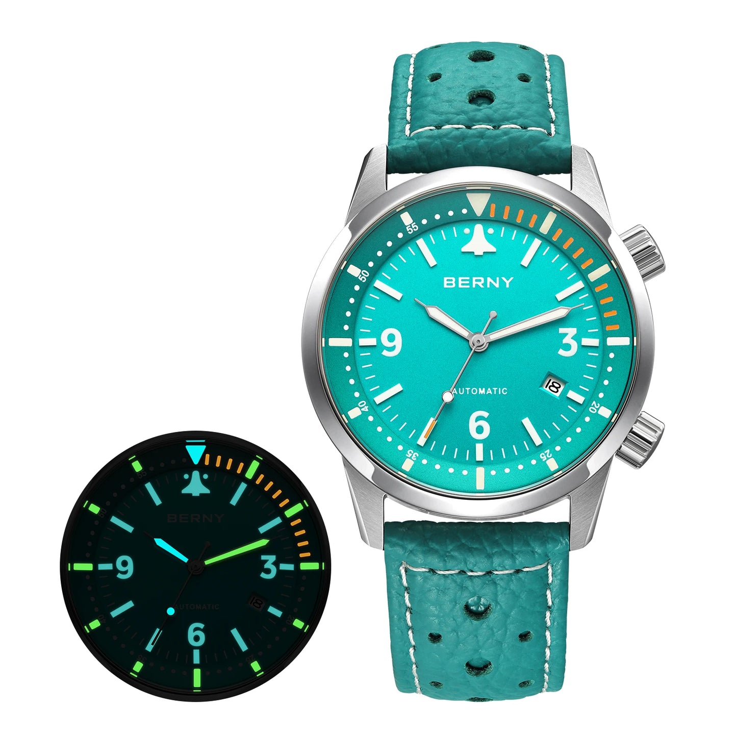BERNY Men's Automatic Diver Watch Supper Luminous Sapphire AR Coated MlYOTA 8215 Leather Strap Mechanical Diving Watches for Men