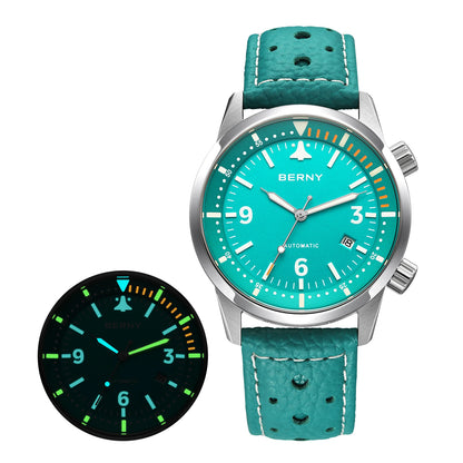 BERNY Men's Automatic Diver Watch Supper Luminous Sapphire AR Coated MlYOTA 8215 Leather Strap Mechanical Diving Watches for Men