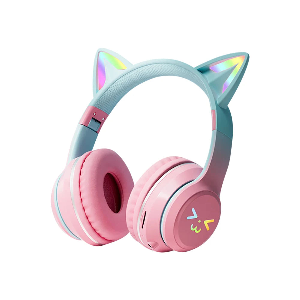 RGB Cat Ear Wireless Bluetooth Headphones for Kids & Girls, LED Light Stereo Gaming Headset with Microphone, Foldable Bluetooth Cat Ear Headphones