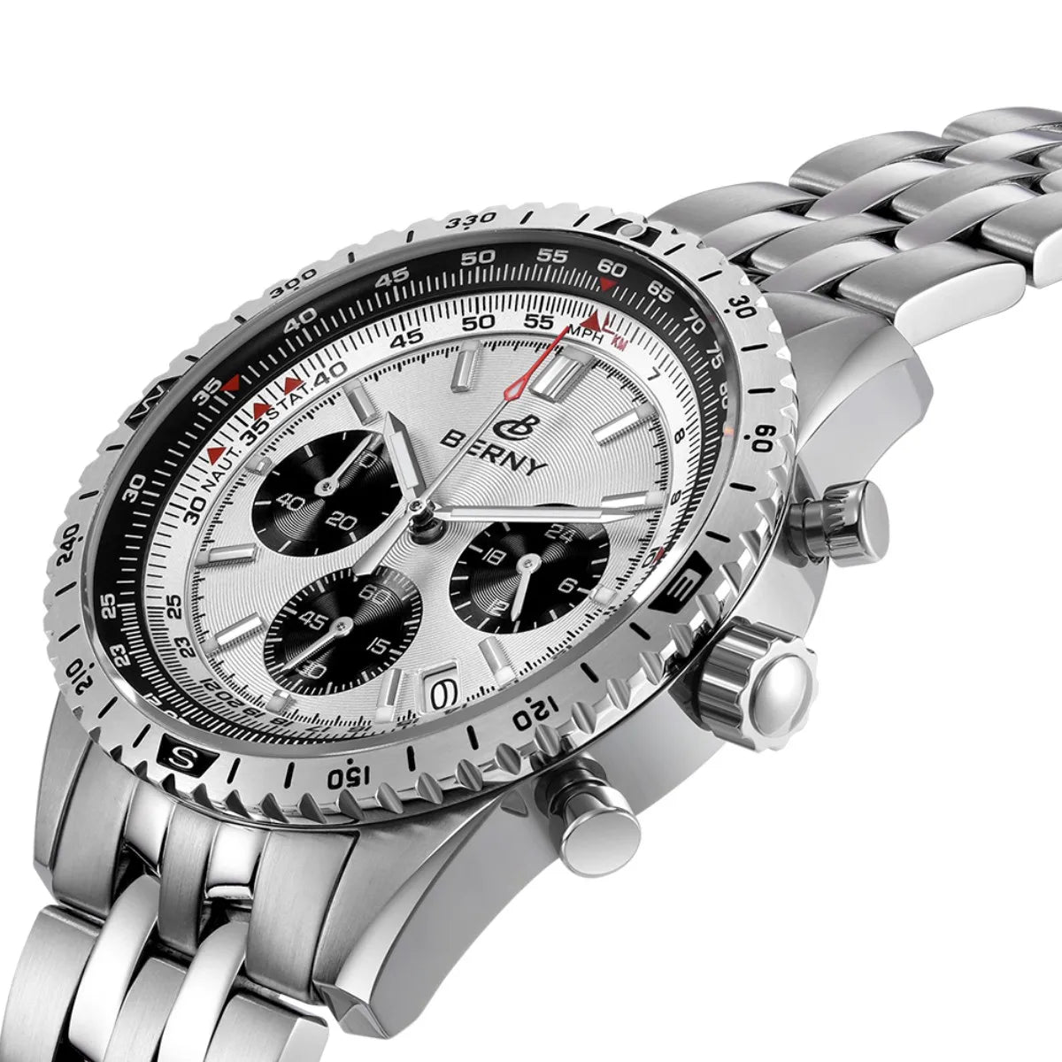 Męski zegarek chronograf BERNY – wielofunkcyjny zegarek kwarcowy w stylu lotniczym, wyposażony w datownik, szafirowe szkło i doskonałą luminescencję – luksusowy męski zegarek na rękę