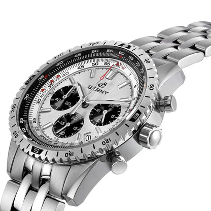 Męski zegarek chronograf BERNY – wielofunkcyjny zegarek kwarcowy w stylu lotniczym, wyposażony w datownik, szafirowe szkło i doskonałą luminescencję – luksusowy męski zegarek na rękę