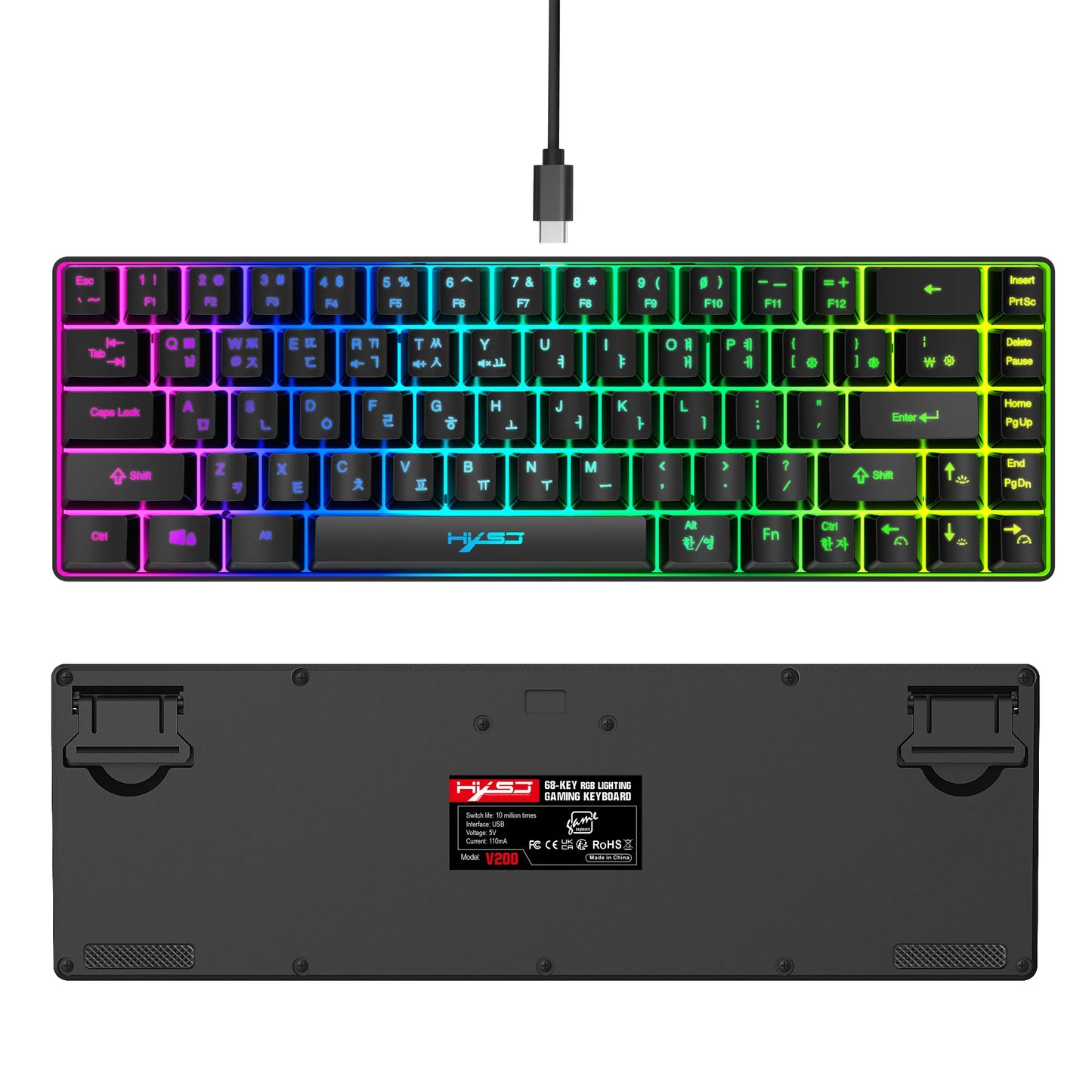 68-Tasten-Gaming-Tastatur, USB-kabelgebunden, tragbar, 20 RGB-Hintergrundbeleuchtungen, koreanische Tastatur für Windows-Laptops und Computer