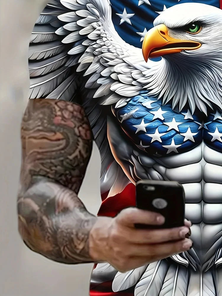 Men's Patriotic 3D Eagle Print T-Shirt Casual Crew Neck Short Sleeved Pullover for Summer Fashion Outdoor Activities Men Clothes