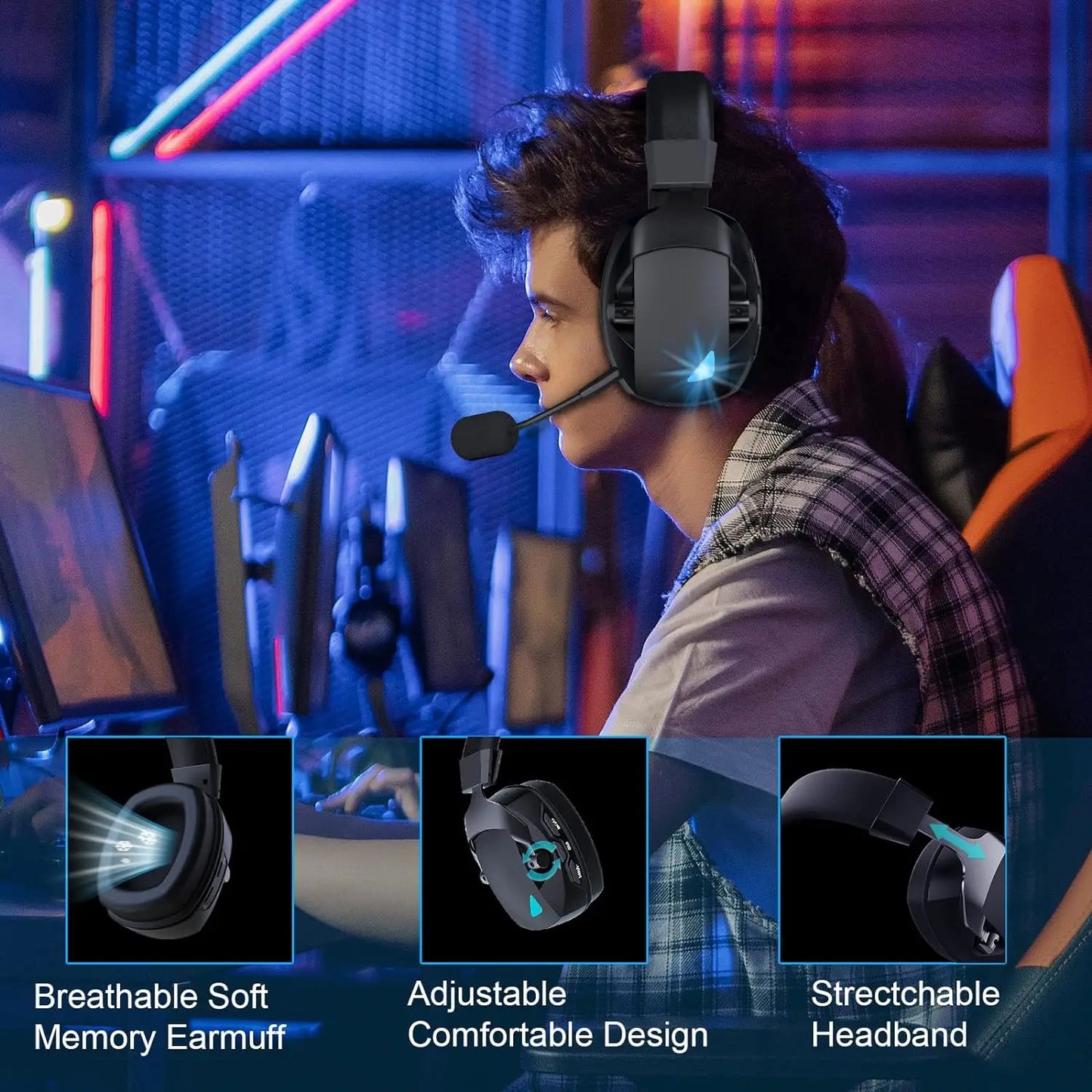 Acinaci 2.4GHz Wireless Gaming Headset for PS5 PS4 PC Switch – Bluetooth Gaming Headphones with Microphone, Deep Bass, Memory Foam Ear Cushions