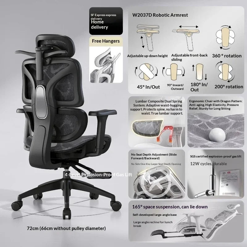 Ergonomic Mesh Office Chair with Adjustable Lumbar Support, Reclining Headrest, Swivel Design, Rolling Casters, Comfortable Home Office & Gaming Chair
