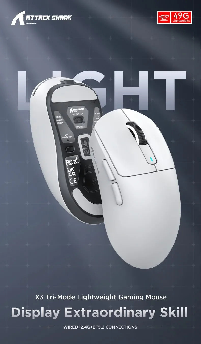 ATTACK SHARK X3 Ultra-Light Wireless Gaming Mouse, Tri-Mode Bluetooth & 2.4G, PAW3395 26000 DPI, 55g Rechargeable Gaming Mouse for PC, Mac, PS & Xbox