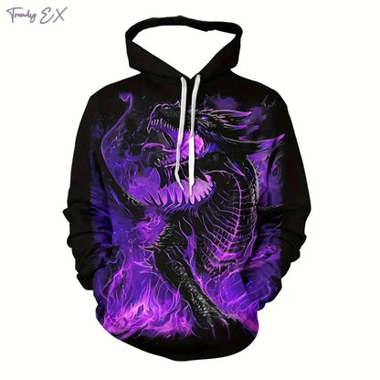Sweatshirt Novo 3D com Gráfico de Dragão em Chamas Roxas, Capuz com Cordão, Bolso Canguru, Manga Comprida, Estilo Harajuku, para Homem
