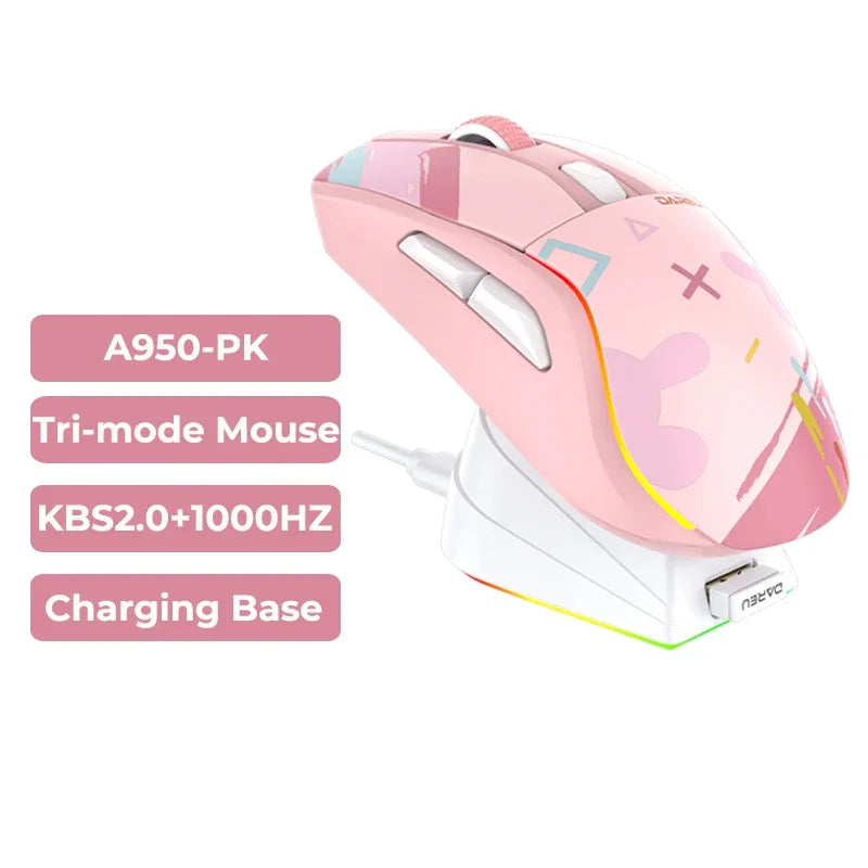DAREU A950 Tri-Mode Wireless Gaming Mouse with Charging Dock, Bluetooth, 2.4G & Wired RGB Gaming Mouse, 12000 DPI Ergonomic Gaming Mouse for PC & Laptop