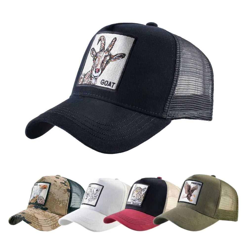 Gorras de camionero de moda con parche bordado de cabra. Gorra de béisbol Snapback «Four Seasons» para hombre y mujer, con visera ajustable.