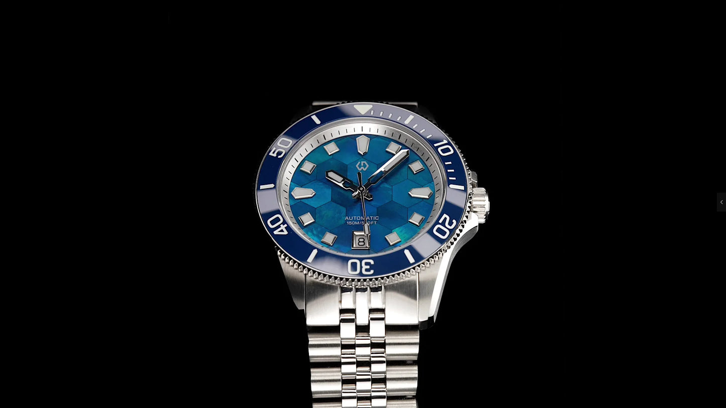 WISHDOIT Automatic Mechanical Watch Miyota 8215 Movement Mother of Pearl Dial Ceramic Bezel Waterproof 150M Diving Watch