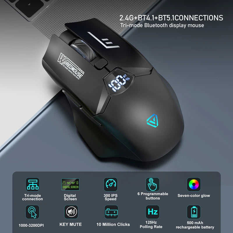 Trådlös Bluetooth-mus med dubbla lägen, smart skärmdisplay, tyst drift och laddning – för kontor, gaming och surfplatta, universell och portabel mus