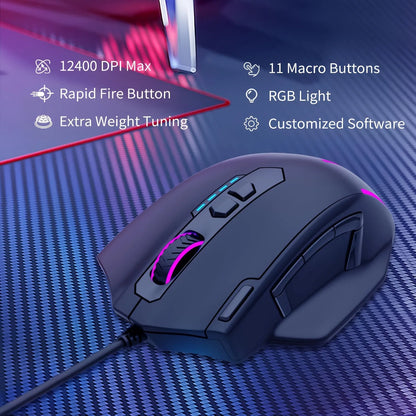 E-YOOSO X-41PRO langallinen suuri pelihiiri, RGB-taustavalaistus, 11 ohjelmoitavaa sivupainiketta, tuki tietokoneille, PC:lle, kannettaville ja Macille