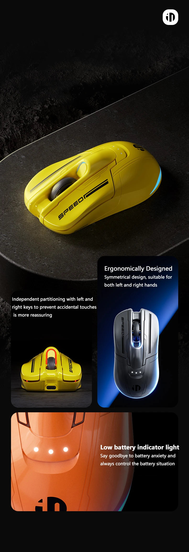 INPHIC Super Racing Car Series Wireless Bluetooth Gaming Mouse, 12800 DPI Rechargeable RGB Gaming Mouse with Battery Display, Customizable Wireless Mouse