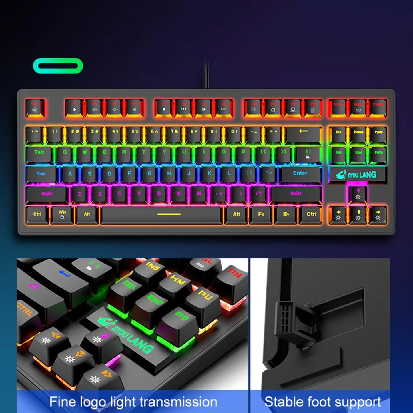 USB Mechanical Gaming Keyboard with Rainbow Backlit, Anti-Ghosting Keys, Blue Switches, Detachable Panel, Compact Wired Gaming Keyboard for PC Desktop