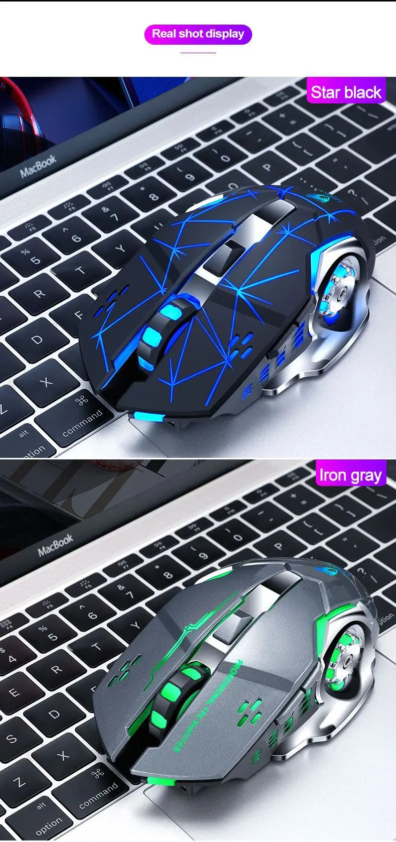 Rechargeable Wireless Gaming Mouse with RGB Backlit, Silent Click, Ergonomic Optical Wireless Mouse for PC, Laptop & Desktop, 2400 DPI