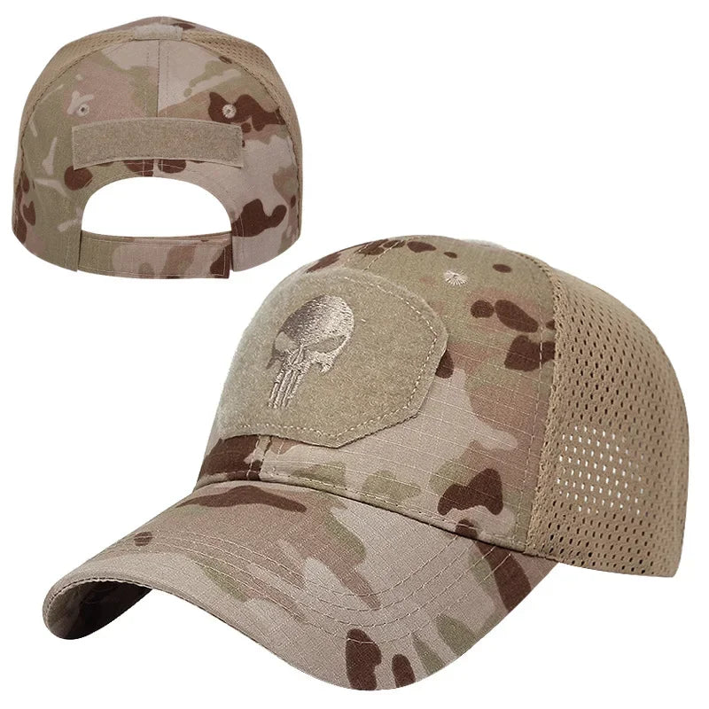 Camouflage-baseballkasket i netstof, åndbar, specialstyrke-taktisk camouflagehat med dødningehoved og and-skærm