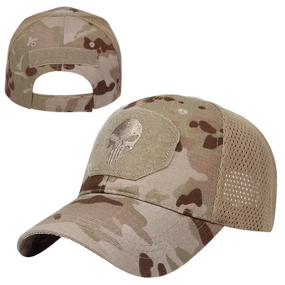 Camouflage-baseballkasket i netstof, åndbar, specialstyrke-taktisk camouflagehat med dødningehoved og and-skærm