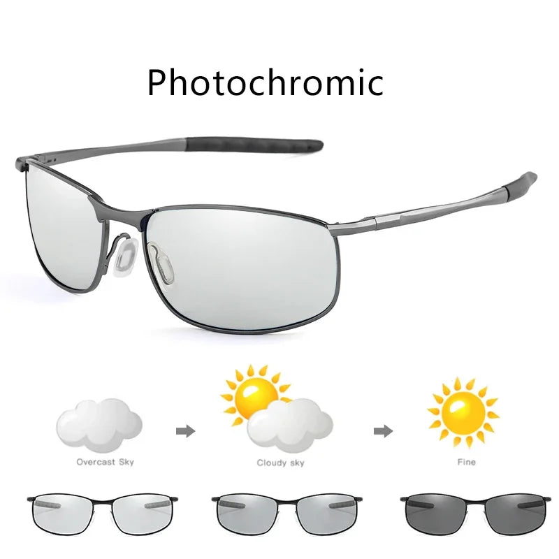 Photochromic Men Polarized Sunglasses Male Metal Square Glasses Driving Sun Glasses UV400 Outdoor Sports Cycling Goggles
