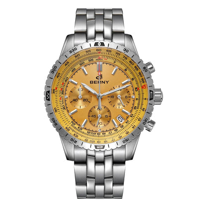 Męski zegarek chronograf BERNY – wielofunkcyjny zegarek kwarcowy w stylu lotniczym, wyposażony w datownik, szafirowe szkło i doskonałą luminescencję – luksusowy męski zegarek na rękę