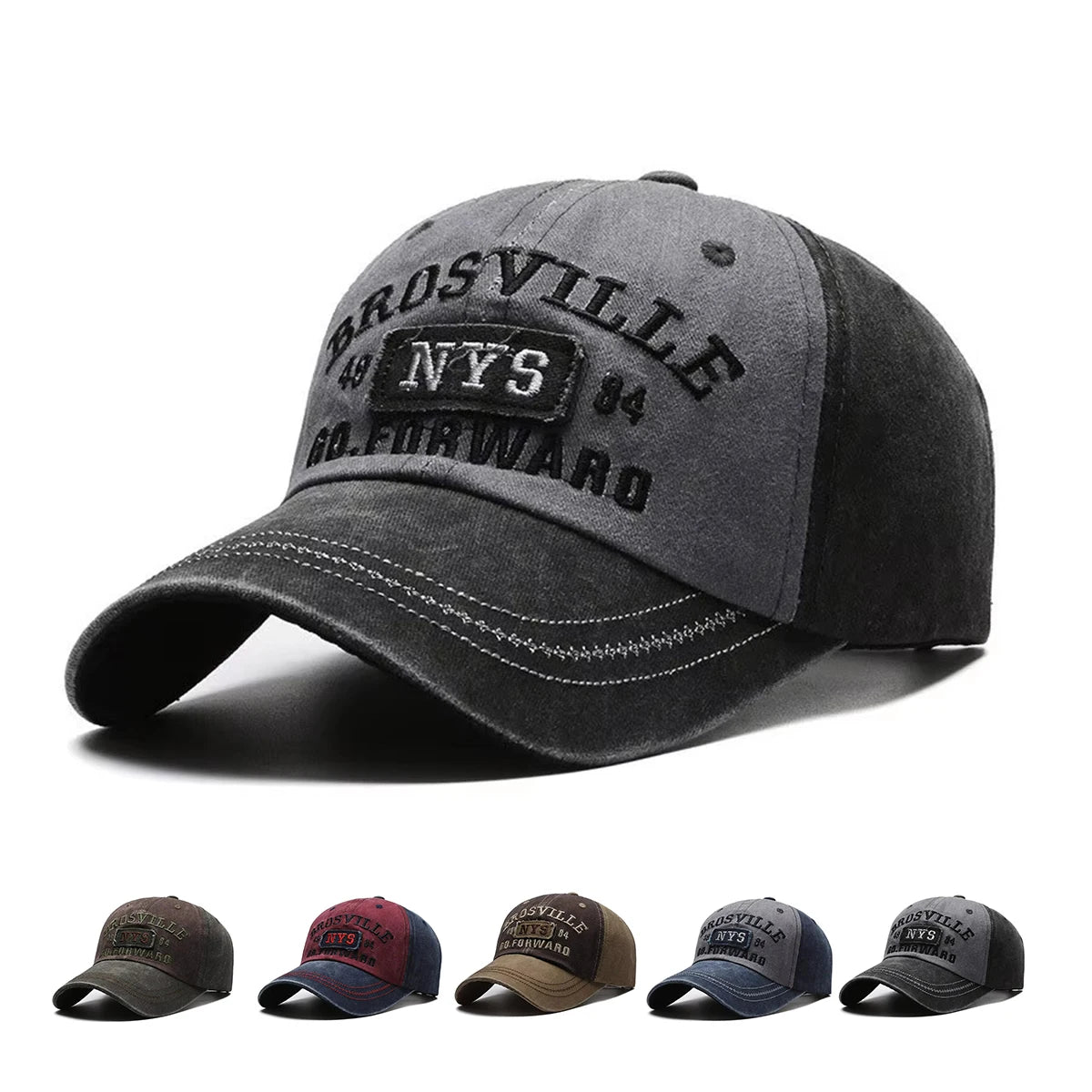 Cappellino da baseball da uomo Four Seasons, stile casual, in cotone lavato con effetto invecchiato, con lettere ricamate, visiera piegata, forma a cupola, cappellino casual per la protezione dal sole