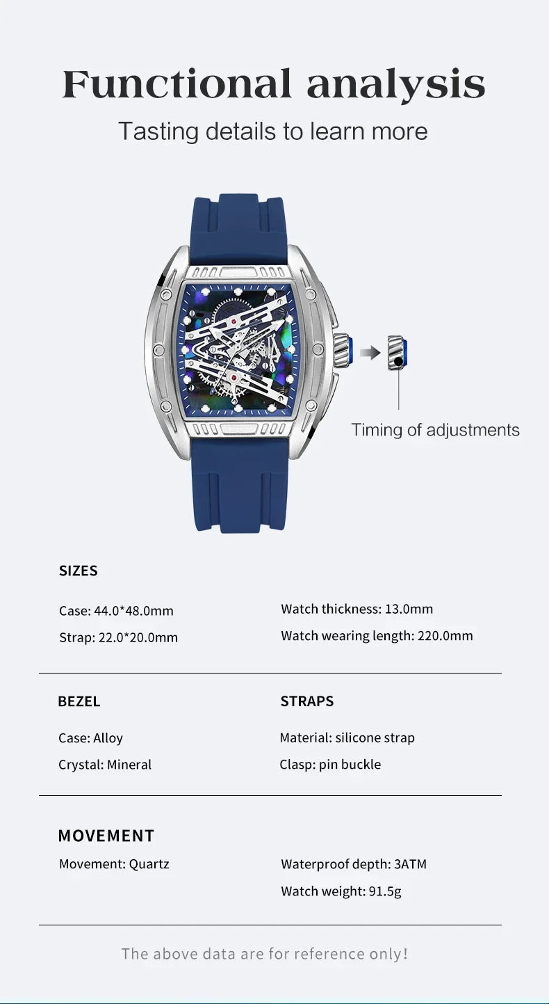 2026 Men's Automatic Mechanical Watch with Stainless Steel Case Silicone Band Skeleton Dial Waterproof Sport Wristwatch