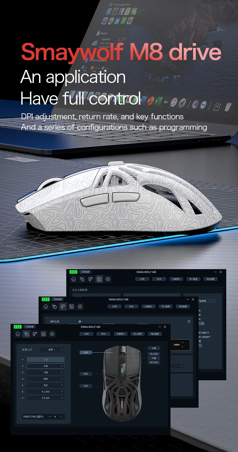 SMAILWOLF M8 Wireless Bluetooth Tri-Mode Gaming Mouse, 12000 DPI Lightweight RGB Gaming Mouse with PAW3311 Sensor, Magnetic Charging Dock
