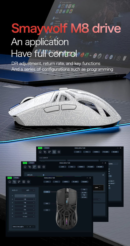 SMAILWOLF M8 Wireless Bluetooth Tri-Mode Gaming Mouse, 12000 DPI Lightweight RGB Gaming Mouse with PAW3311 Sensor, Magnetic Charging Dock